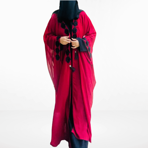 Royal Red Cape with Open Shrug Abaya with Black Rosette Embellishment