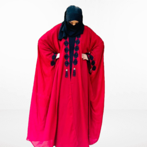 Royal Red Cape with Open Shrug Abaya with Black Rosette Embellishment
