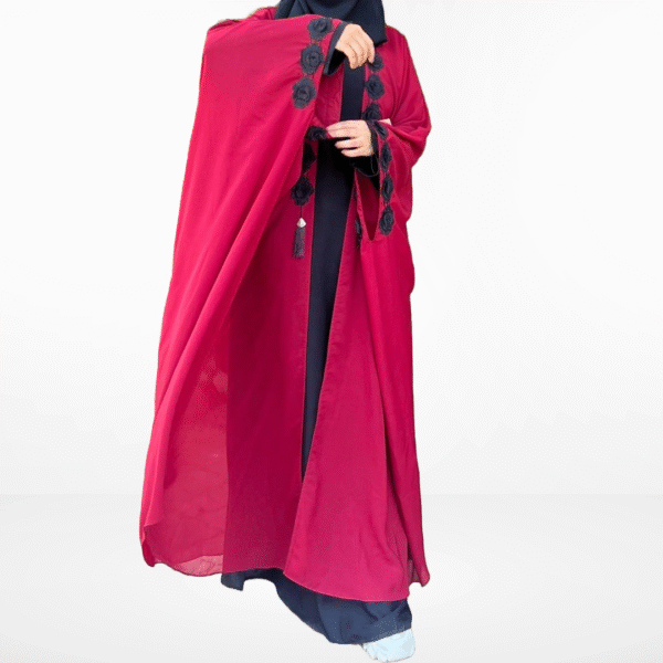 Royal Red Cape with Open Shrug Abaya with Black Rosette Embellishment