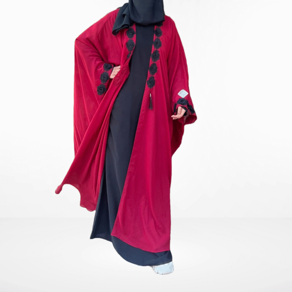 Royal Red Cape with Open Shrug Abaya with Black Rosette Embellishment