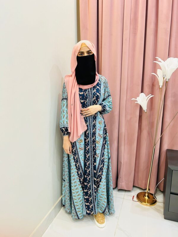 11 Noor-E-Haya – Sky Blue & Navy Ethnic Print Abaya | Shamsiya Collection